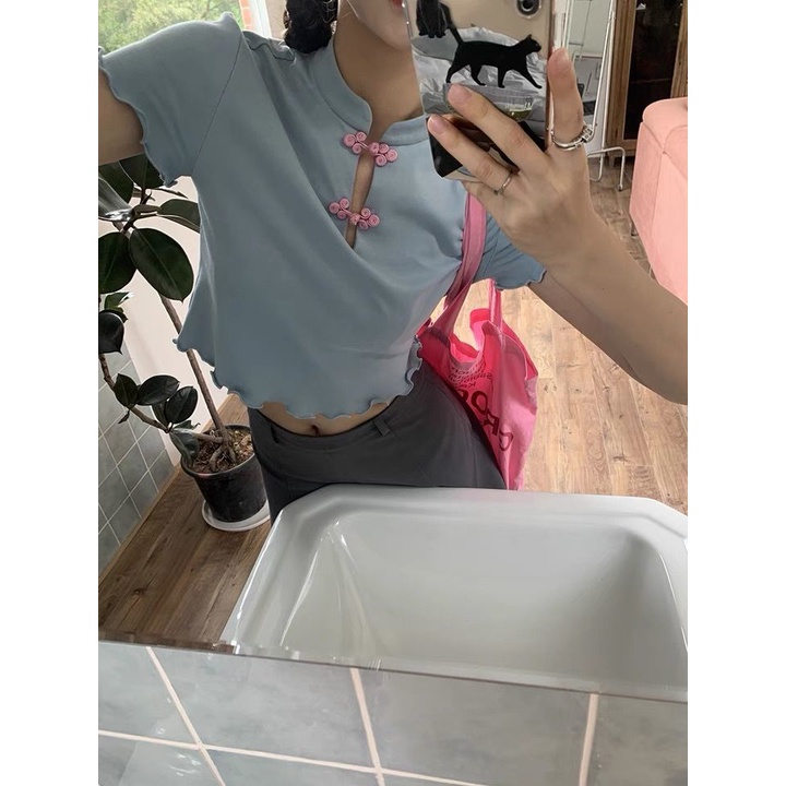 Áo Thun Ngắn Tay Dáng Ôm Phối Nút Thời Trang Mùa Hè Phong Cách Mới Cho Nữ