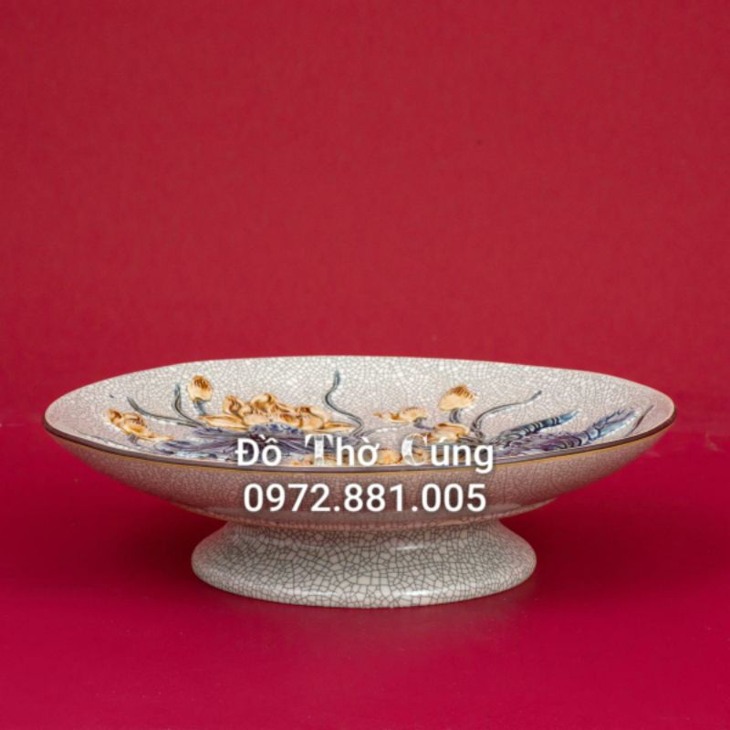 Bồng/Đĩa sen men rạn đắp nổi cao cấp