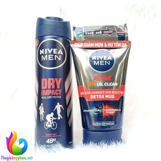 Combo Sữa Rửa Mặt Nivea Men GIúp Giảm Mụn Và Hư Tổn Da 100g + Xịt Ngăn Mùi Khô Thoáng 150ml