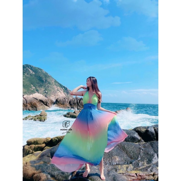 HOANGYEN - Rain dress đầm maxi loang màu cổ V đan dây chéo lưng đi biển