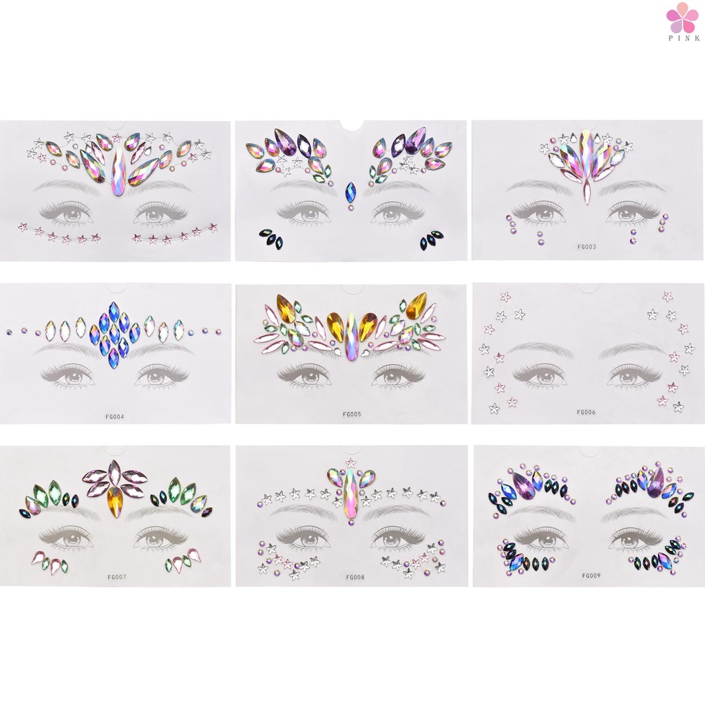 Set 9 phụ kiện dán trang trí mặt DIY hình viên đá lấp lánh màu cầu vồng phong cách nàng tiên cá cho tiệc hóa trang