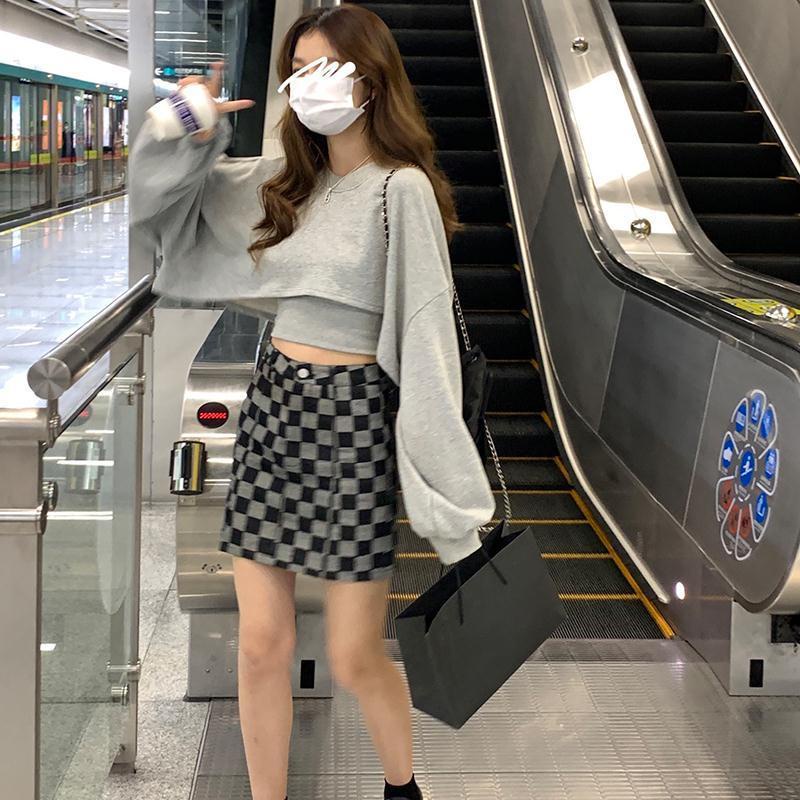 Chân váy jean Cotton Dáng Chữ A Lưng Cao Xẻ Tà Họa Tiết Sọc Caro Phong Cách Hàn Quốc Thời Trang Mùa Thu Hàng Mới Dành Cho Bạn Nữ 2021