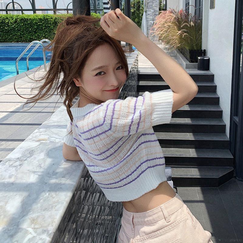 Áo thun dệt kim tay ngắn cổ tròn phong cách Hàn Quốc | BigBuy360 - bigbuy360.vn