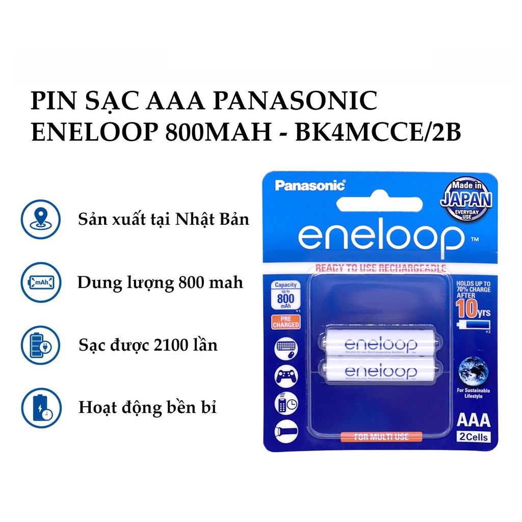 Pin sạc AAA Eneloop Panasonic 800mAh sản xuất tại Nhật Bản vỉ 2 viên chính hãng