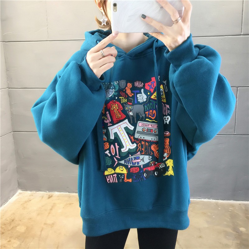 Áo hoodie ulzzang unisex form rộng Hàn Quốc họa tiết in thời trang