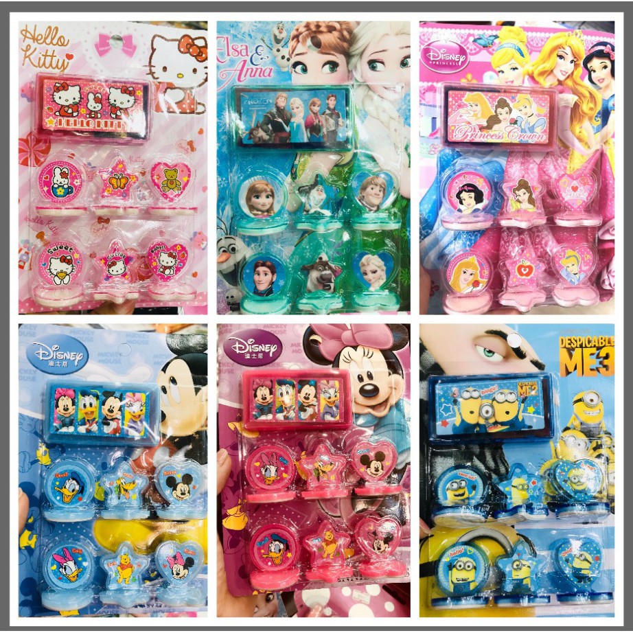 Sale mùa nóng -  Đồ chơi đóng dấu và hộp mực 2 màu hoạt hình elsa, kitty, mickey, minion