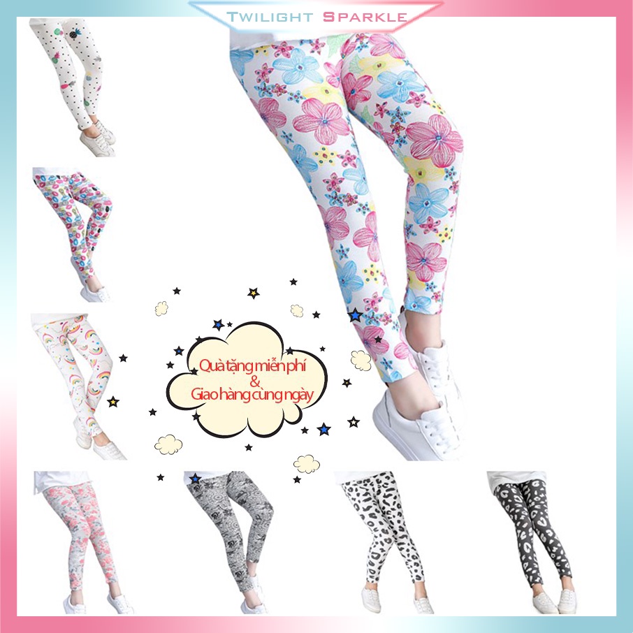 Quần legging hoa ôm sát vải cotton thoải mái phong cách thể thao Hàn Quốc cho bé gái