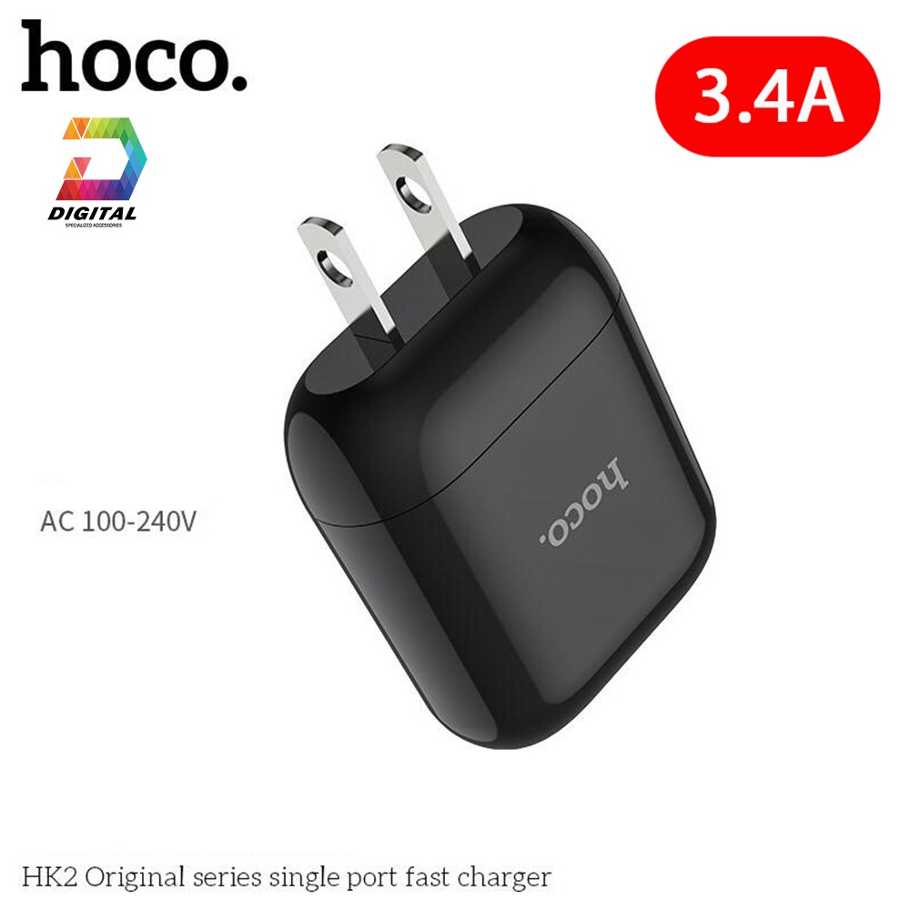 Cốc sạc Hoco HK2 chính hãng hỗ trợ dòng 3.4A chân sạc dẹt tiêu chuẩn Việt Nam