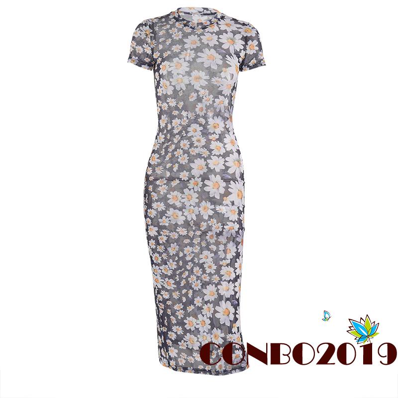 Đầm Lưới Tay Ngắn Cổ Tròn In Họa Tiết Hoa Cúc Xinh Xắn Thời Trang Cho Nữ