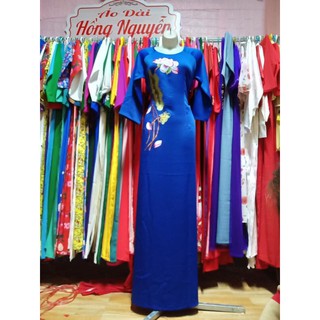 Áo dài lụa Tây Thi xanh Coban thêu sen size S