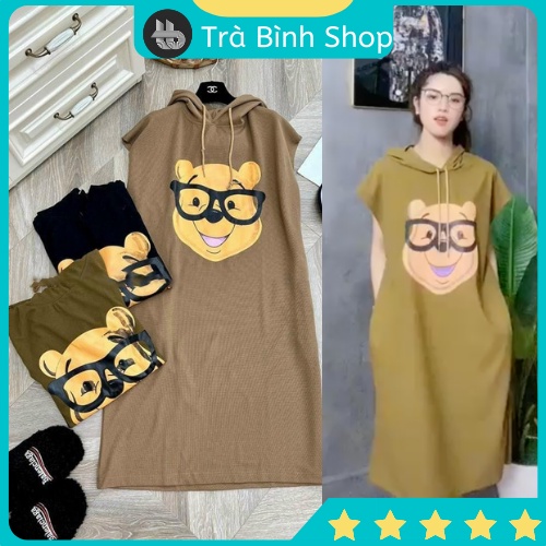 Đầm suông ba lỗ thu đông có mũ hoạ tiết hình gấu dễ thương 3 màu hot hit 2022, váy len thun pooh VPL219 - Trabinhshop