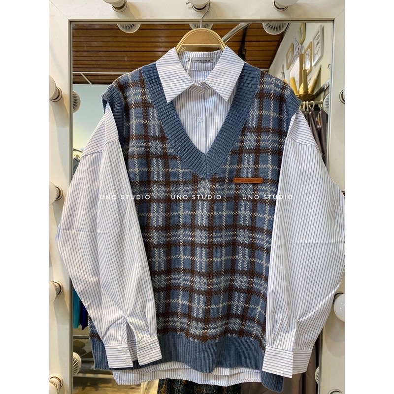 Áo gile len xanh kẻ sọc kèm hình thật