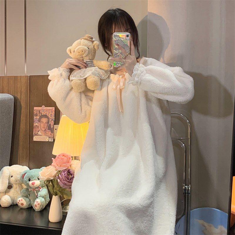 Đầm ngủ công chúa lót lông cừu xinh xắn phong cách Hàn Quốc thời trang thu đông ngọt ngào cho nữ