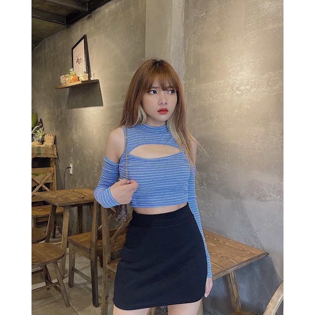 Áo Croptop Khoét Vai Tay Dài  Thun Gân Xịn