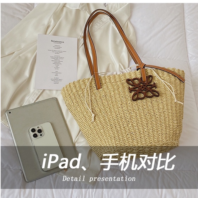 Túi cói cứng Tote đeo vai phối dây da - phụ kiện miếng gỗ