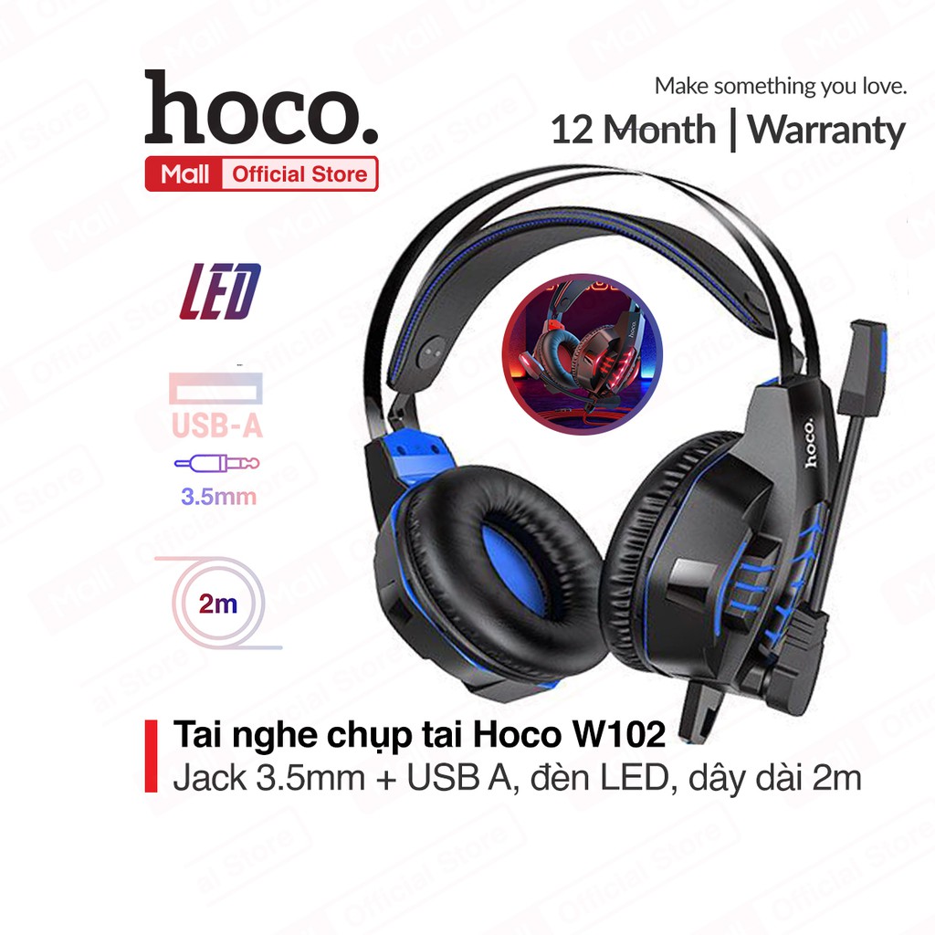 Tai nghe chụp tai Hoco W102 mic đàm thoại, tích hợp 2 cổng cắm 3.5mm+USB-A, có đèn LED, đệm chống tiếng ồn, dây dài 2m