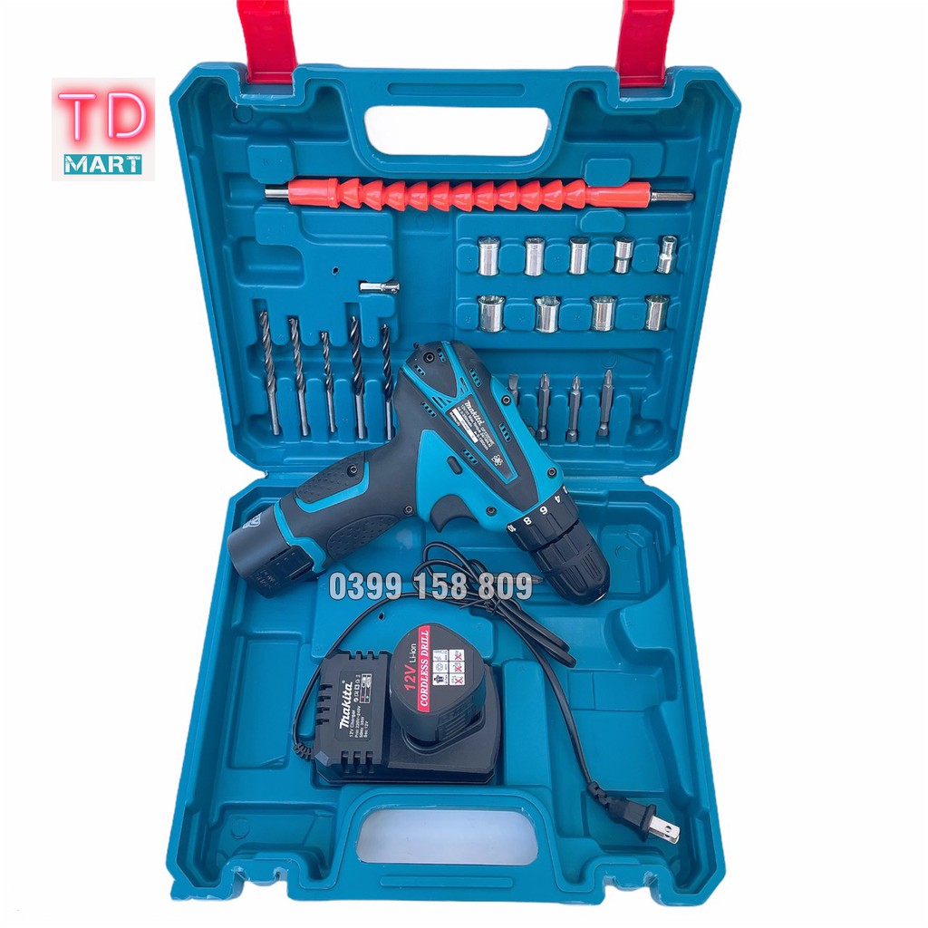 Máy khoan bắt vít cầm tay dùng pin 12V Makita Tặng kèm hộp 24 chi tiết