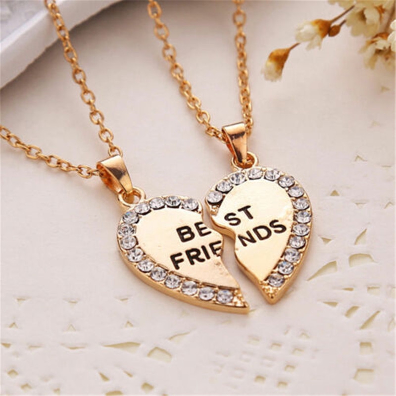 Best Friend Heart Silver Gold Rhinestone 2 Pendants Necklace Bff Friendship Gift Jewelry