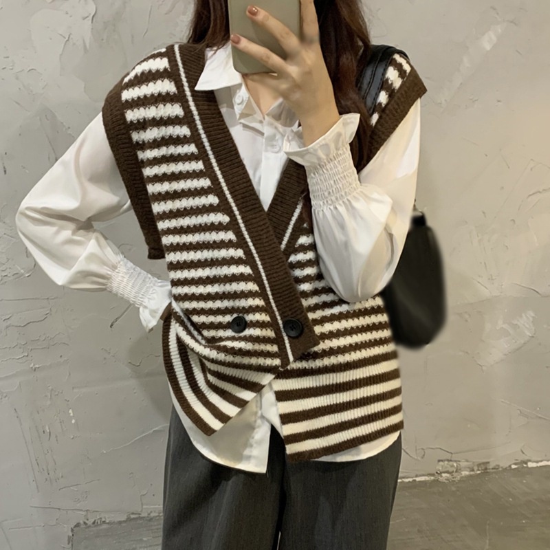Áo Cardigan Dệt Kim Không Tay Hoạ Tiết Kẻ Sọc Phong Cách Retro | BigBuy360 - bigbuy360.vn
