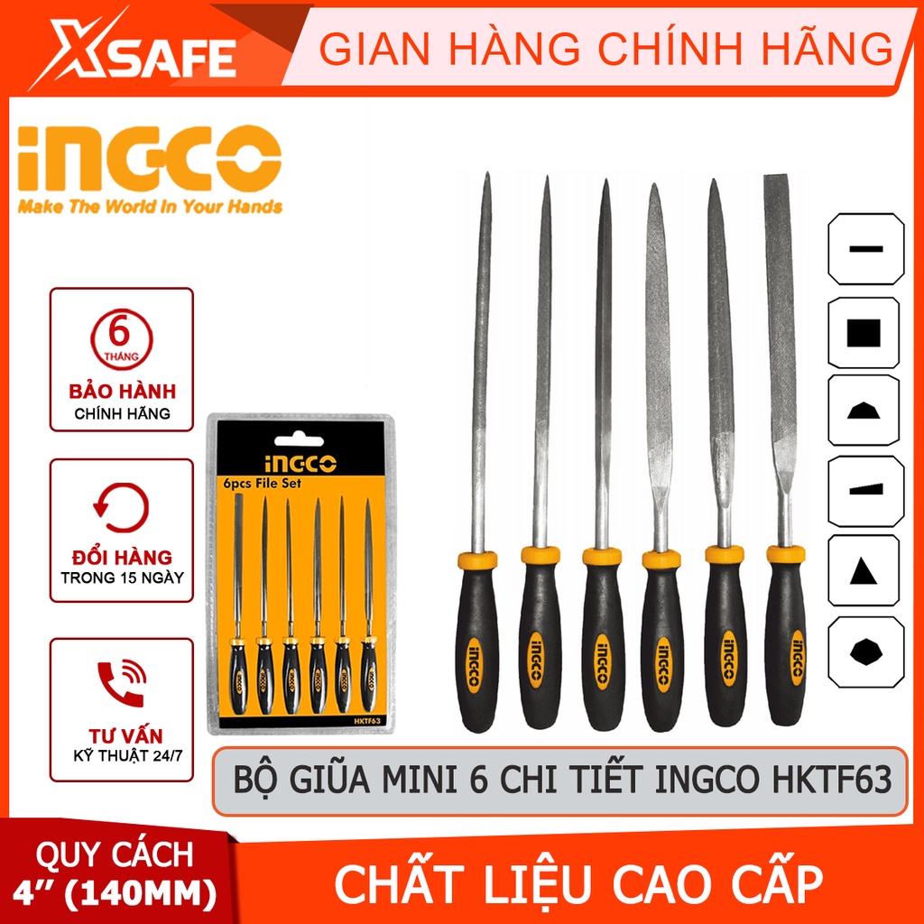 Bộ giũa mini INGCO HKTF63 6 chi tiết Bộ 6 giũa sắt kích thước 4&quot;(140mm) đường kinh 3mm chất liệu cao cấp - [XSAFE]