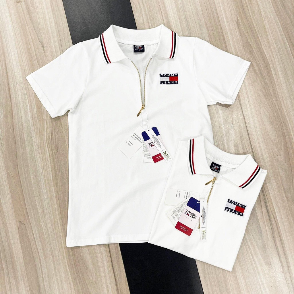 [HÌNH THẬT] ÁO THUN CỔ TRỤ TOMMY TRẮNG ĐEN DÂY KÉO VNXK   - COTTON 100%