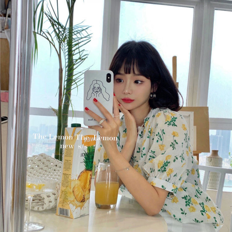 Áo Kiểu Tay Ngắn Phồng Cổ Tròn Họa Tiết Hoa Nhí Xinh Xắn Thời Trang Kiểu Pháp