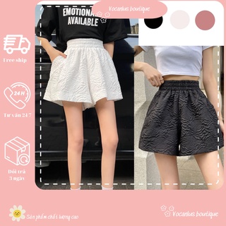 Quần short nữ đũi xốp , quần sooc đùi nữ ống rộng cạp chun vải xốp phồng họa tiết nổi 4 màu đen, trắng, nâu,be Vocanlus