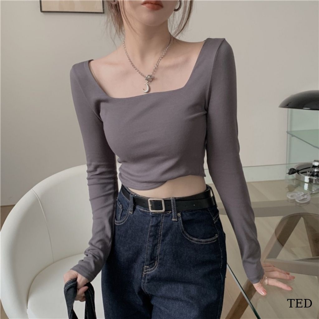 Áo Croptop Tay Dài Cổ Vuông Màu Trơn Co Giãn Phong Cách Hàn Quốc 3 Màu Tùy Chọn TED003