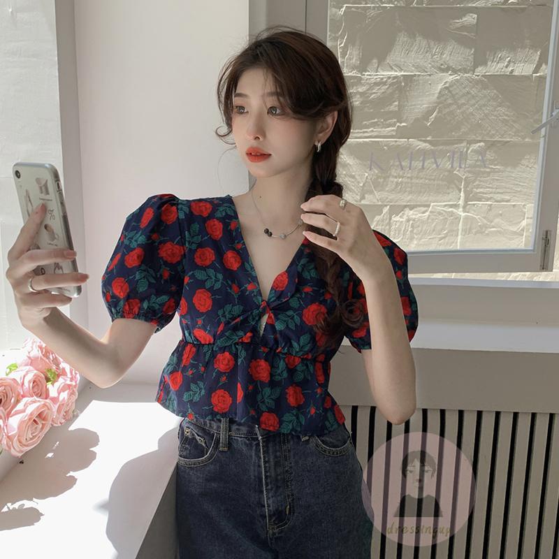 Áo Thun Ngắn Tay Cổ Chữ V Thắt Nút Trước In Họa Tiết Hoa Hồng Cho Nữ