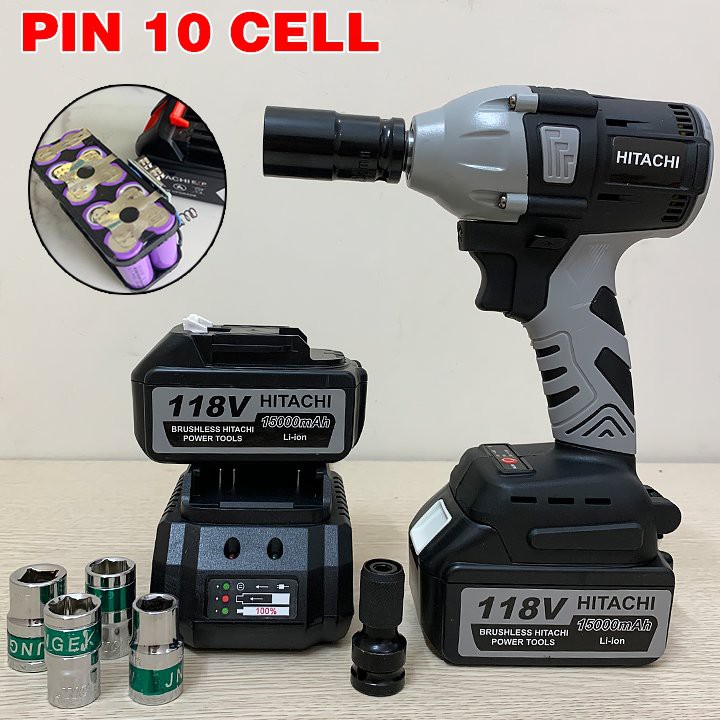 Máy Siết Bulong HITACHI 118V - TẶNG 5 Đầu Khẩu - Không Chổi Than Đầu rỗng Bắt vít Khoan - Pin 10 Cell - Made in Malaysia