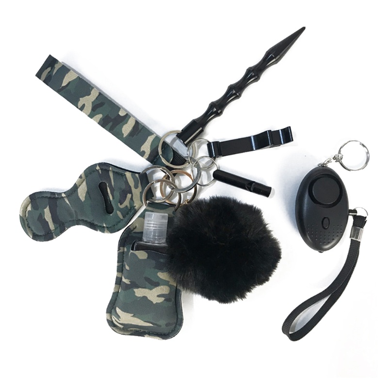 Set móc khóa kèm báo động đính bóng lông gắn chai đựng nước rửa tay/ son dưỡng môi + dụng cụ mở nắp chai an toàn cho nữ