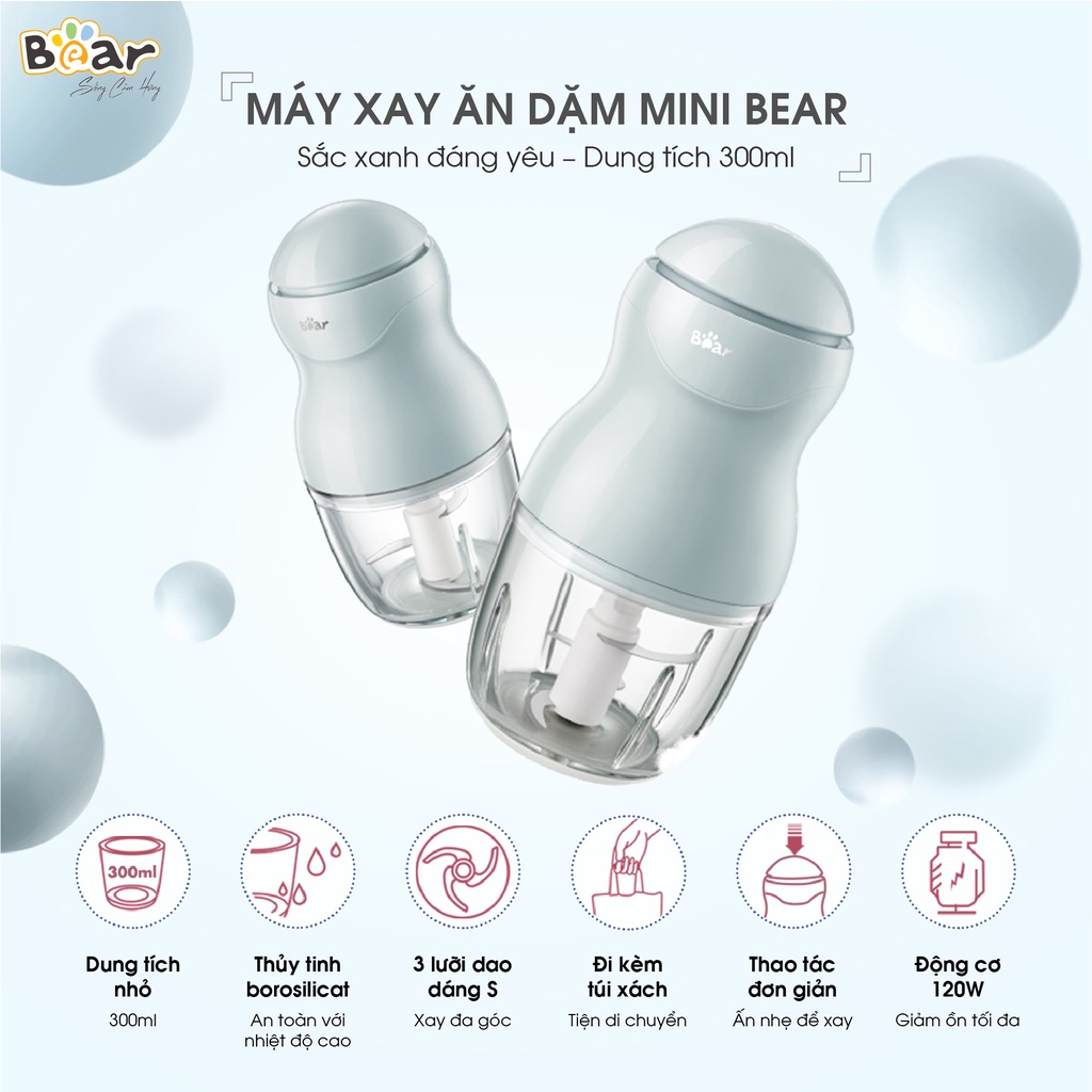 [Bear Chính Hãng]Máy xay ăn dặm Bear 0.3L GR-B03V2 màu xanh công suất 120W, dung tích 300ml, lưỡi dai inox304 không gỉ.