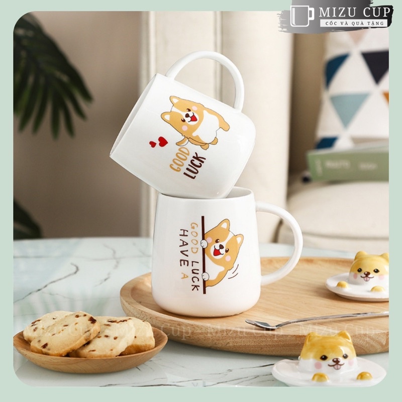 Cốc gốm sứ cao cấp uống trà, uống cafe, decor hình shiba cute