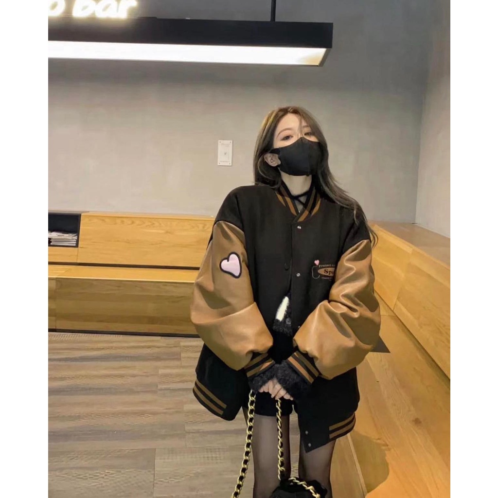 Áo Bomber Phối Tay Da CHICCLOTHES Nữ 🌸 Khoác raplang Unisex thêu tym Nâu chất nỉ pha da cực đẹp hottrend | BigBuy360 - bigbuy360.vn