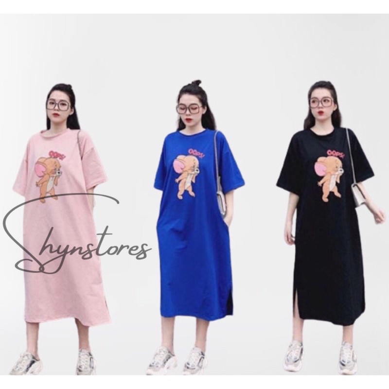 Đầm suông nữ Shynstores - váy xuông cotton cổ tròn cộc tay họa tiết hình chuột vải đẹp freeship