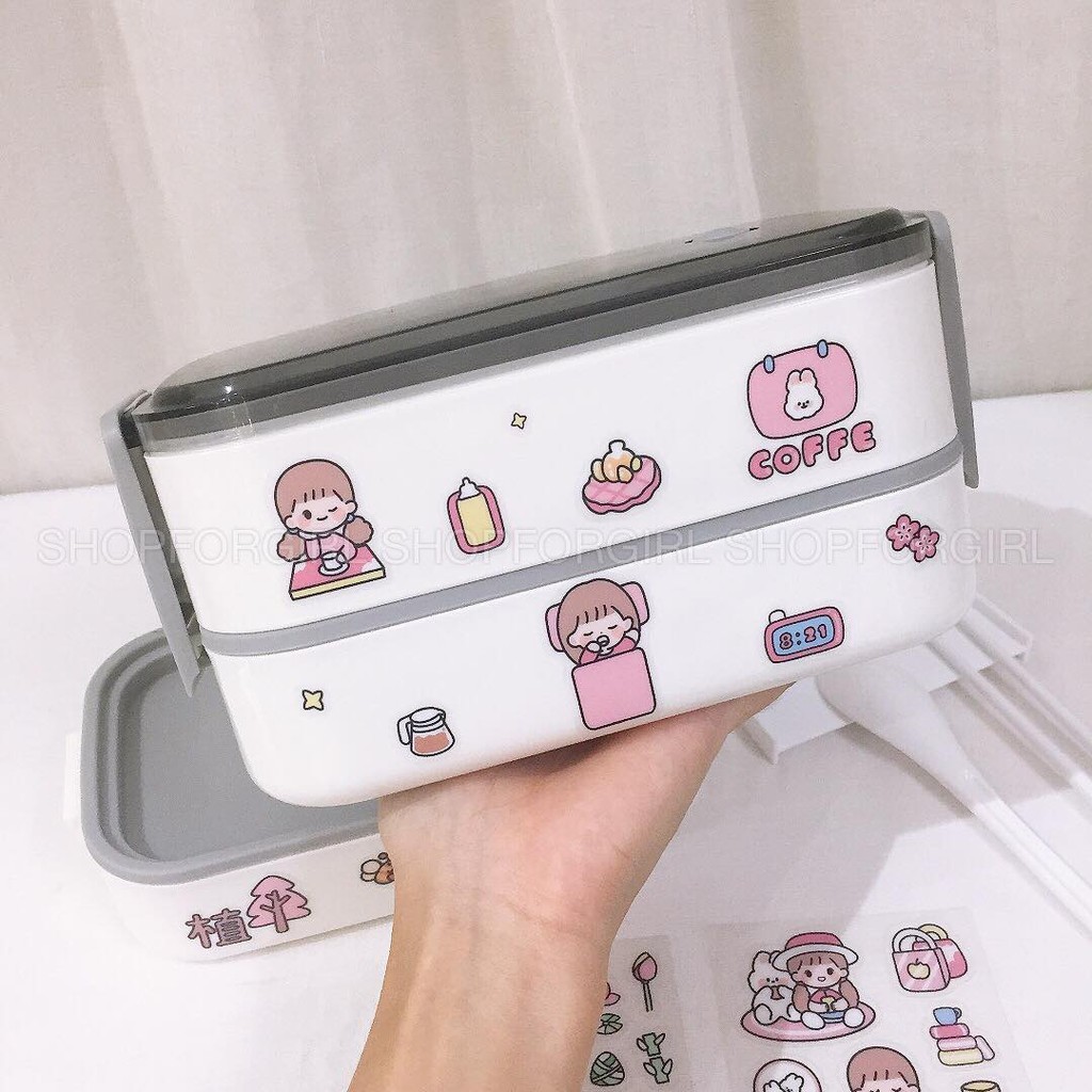 Hộp cơm văn phòng 2 tầng giữ nhiệt tặng kèm sticker siêu cute kèm muỗng đũa - shopforgirl