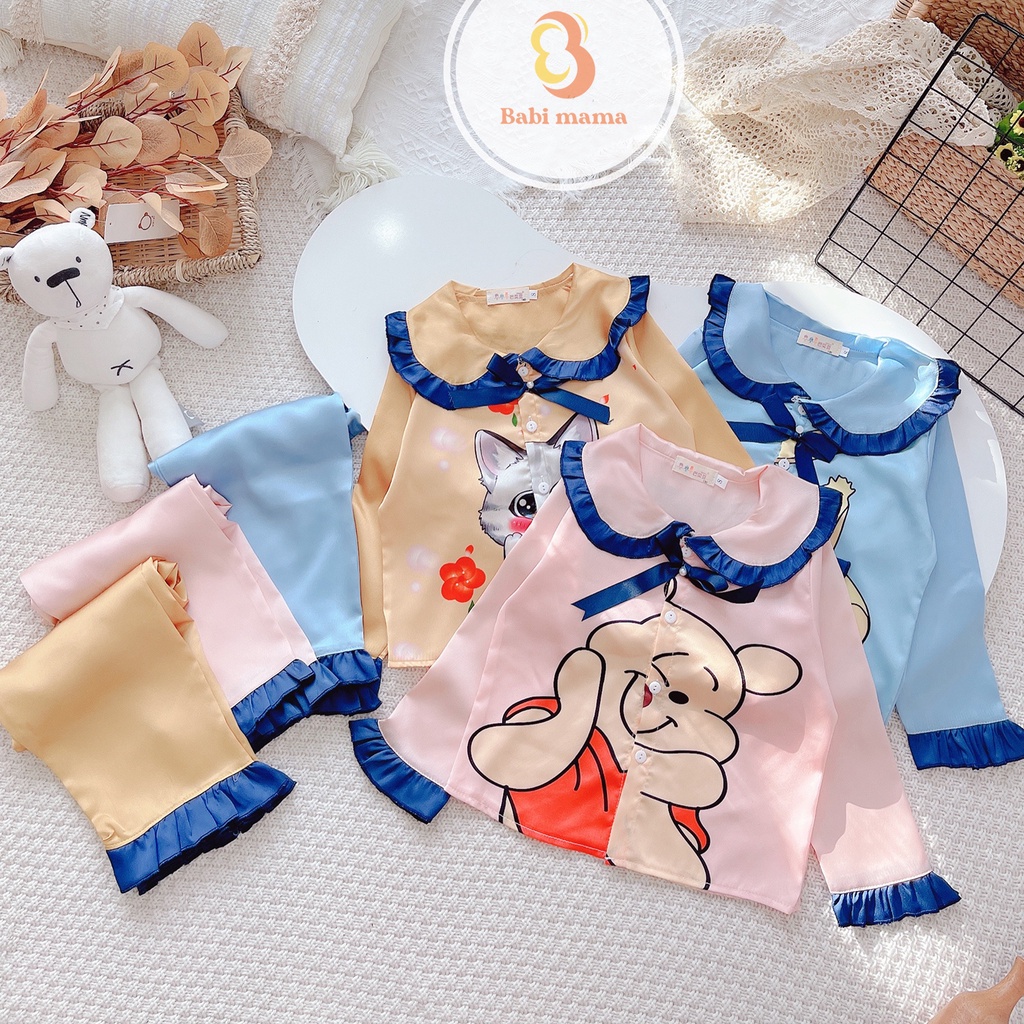 Bộ Ngủ Pijama Dài Tay Cho Bé Gái Chất Lụa Satin In 3D Nhân Vật Đáng Yêu 8-35kg Babi mama - BPN10