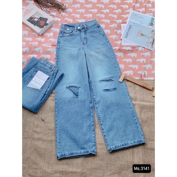 Quần baggy jean nữ lưng cao,màu xanh bạc cắt gối, LB4631 LB JL JohnsonLi