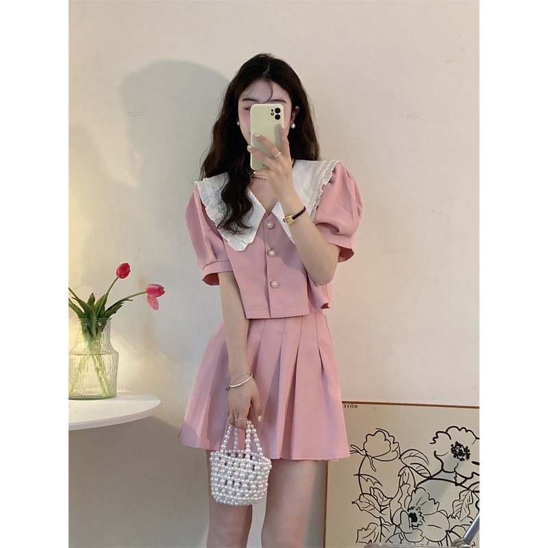 Set Áo Tay Phồng Cổ Búp Bê + Chân Váy Xếp Ly Lưng Cao Thời Trang Nữ