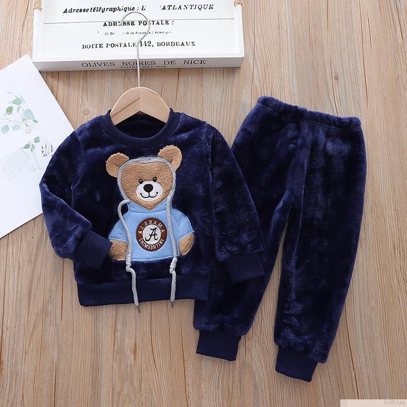 Bộ đồ ngủ gồm áo nỉ tay dài + quần dài in họa tiết gấu hoạt hình dễ thương cho bé