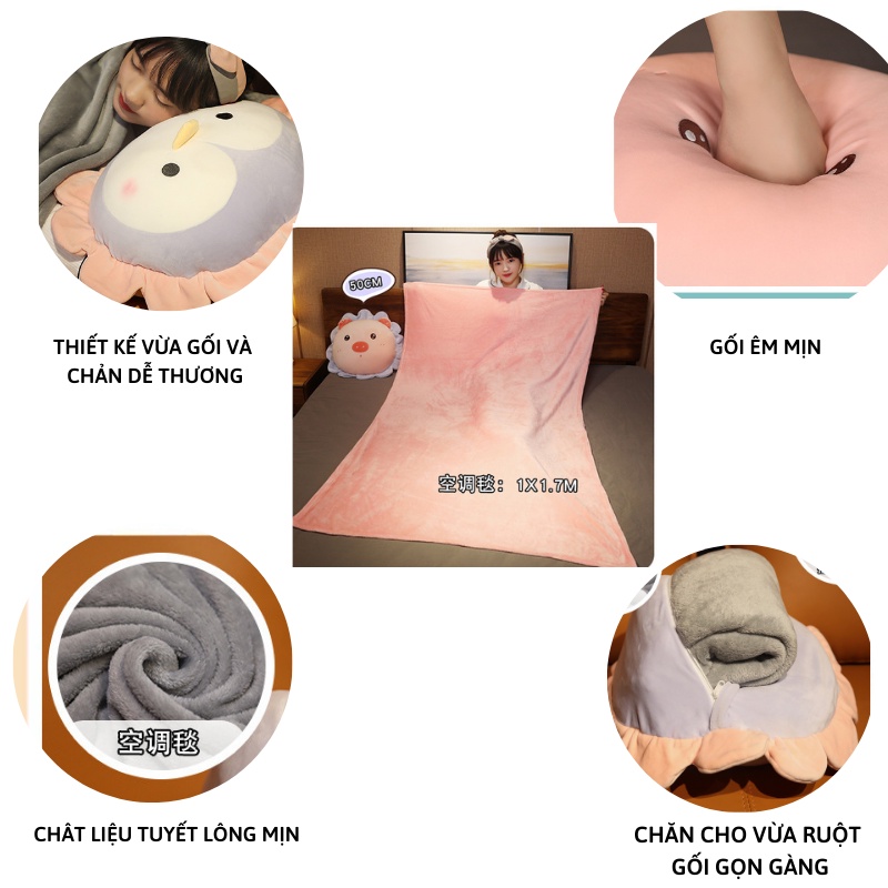 Bộ chăn gối 2 in 1 cho dân văn phòng hình hoa quả đường kính 50 cm chất liệu vải lông cừu mềm mịn Miibooshi