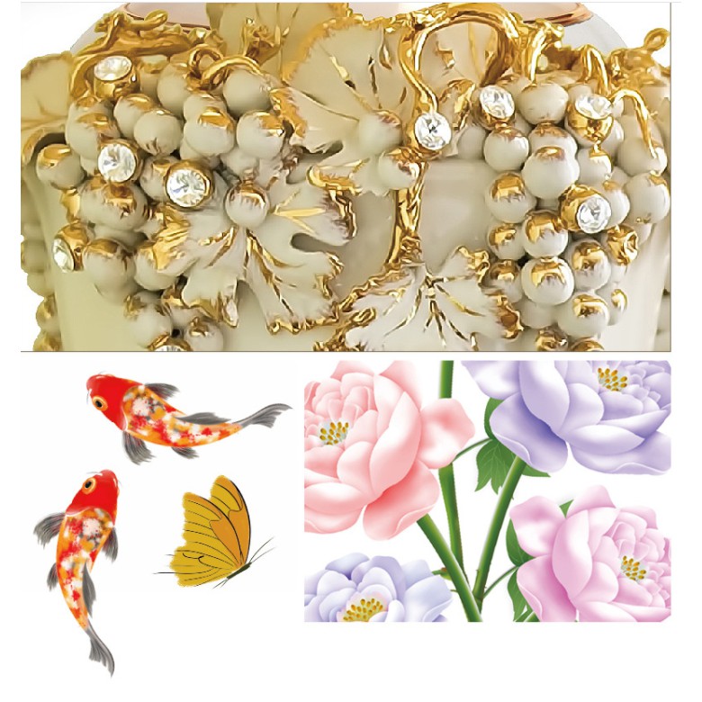 decal trang trí bình hoa cá và bông sắc màu