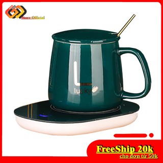 Bộ cốc sứ hâm nóng cao cấp, Ly sứ kèm đế điện hâm nóng cafe, sữa, trà Tặng kèm thìa mạ vàng tiện lợi
