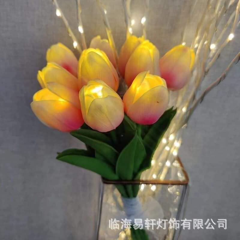 Bó 10 cành hoa tulip đèn led phát sáng hoa lụa giả kèm nơ xinh Decor trang trí nhà cửa