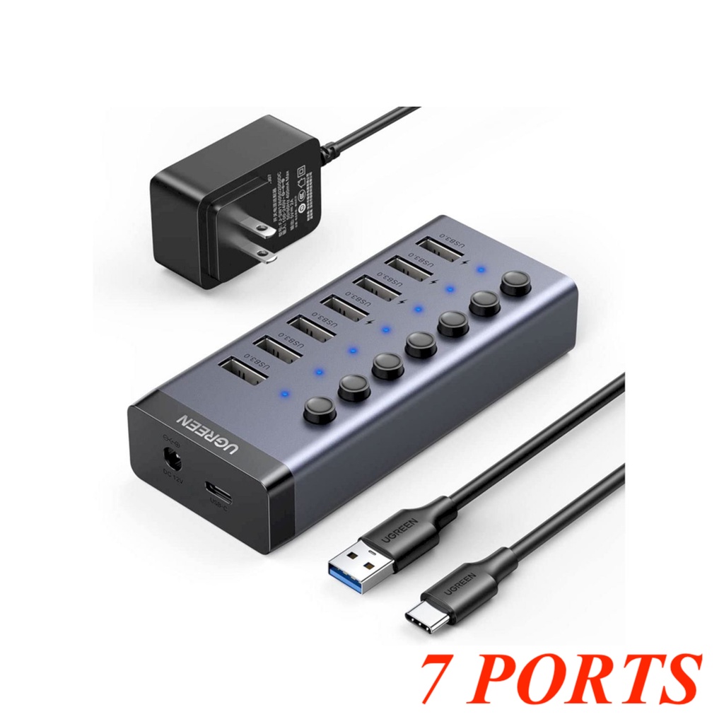 Bộ chuyển đổi Hub sạc thông minh USB + chia USB 7 cổng và Đèn báo LED kèm nguồn 12V / 2A Ugreen 9030