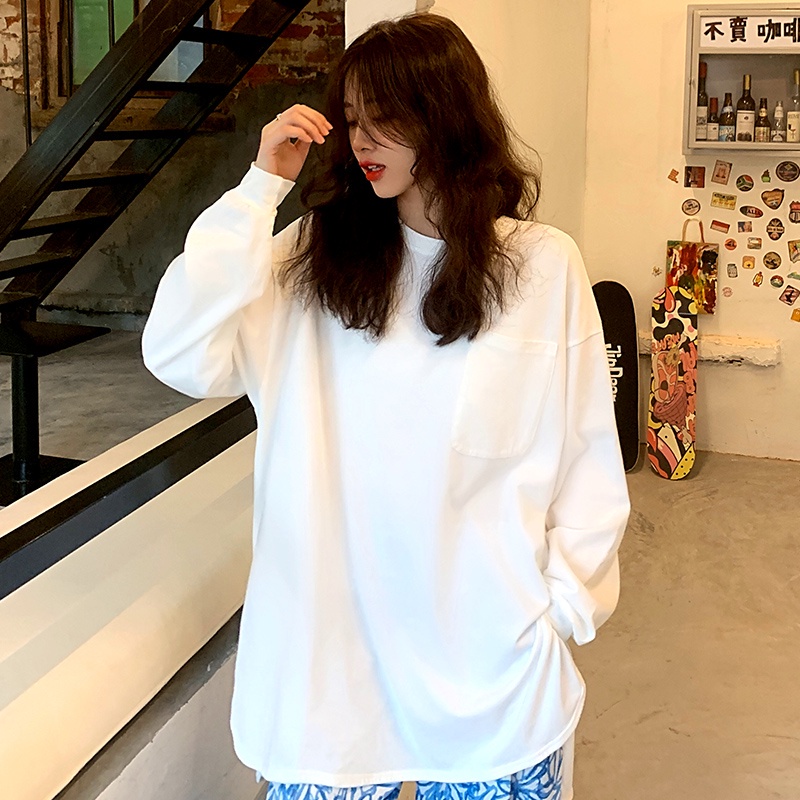 Áo nỉ tay dài cổ tròn dáng rộng màu sắc đơn giản dễ phối đồ