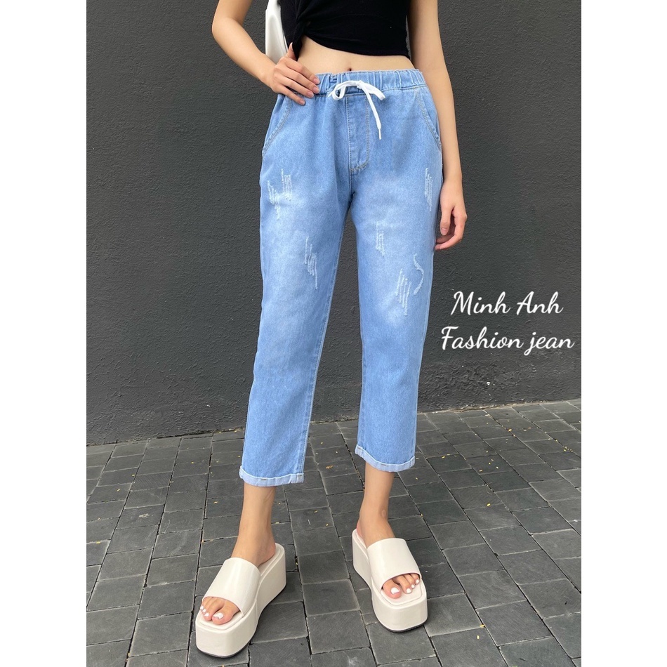 Quần Jean Baggy nữ cào xước xăn lai lưng thun baggic đơn giãn thoải mái