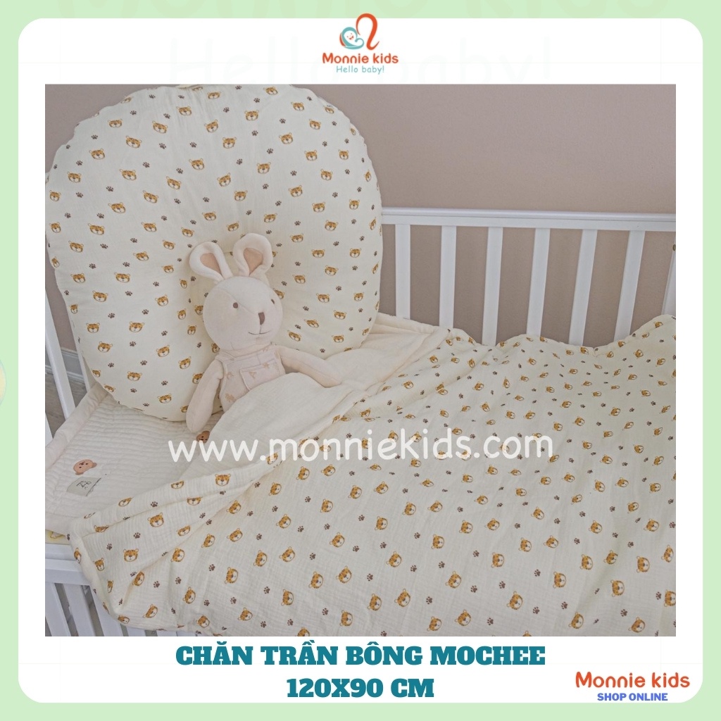 Chăn trần bông cho bé Mochee 120x90cm, chăn vải xô muslin họa tiết - Monnie Kids