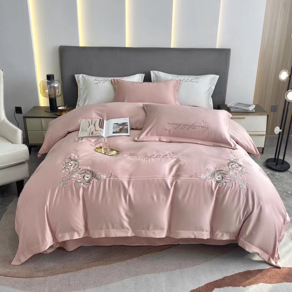 Bộ chăn ga gối lụa thêu hoa Beauty Home mát lạnh , Bộ 4 món Phi lụa thêu chất liệu sơi dai không nhăn cho mùa hè