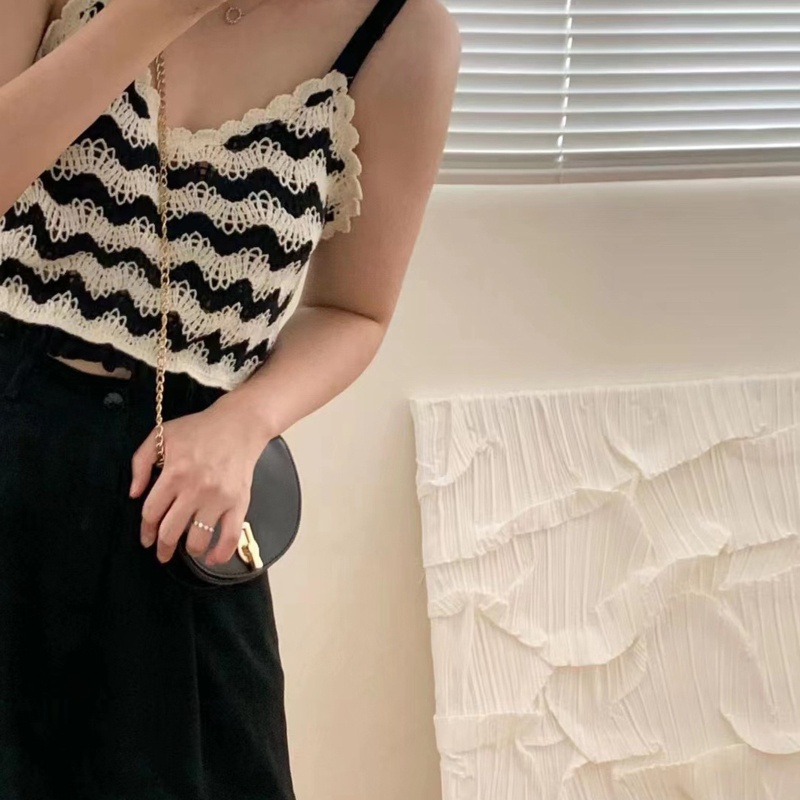 Áo Croptop Dệt Kim Không Tay Cổ Chữ V Ôm Dáng Họa Tiết Kẻ Sọc Phong Cách Pháp Thời Trang Mùa Hè Cho Nữ